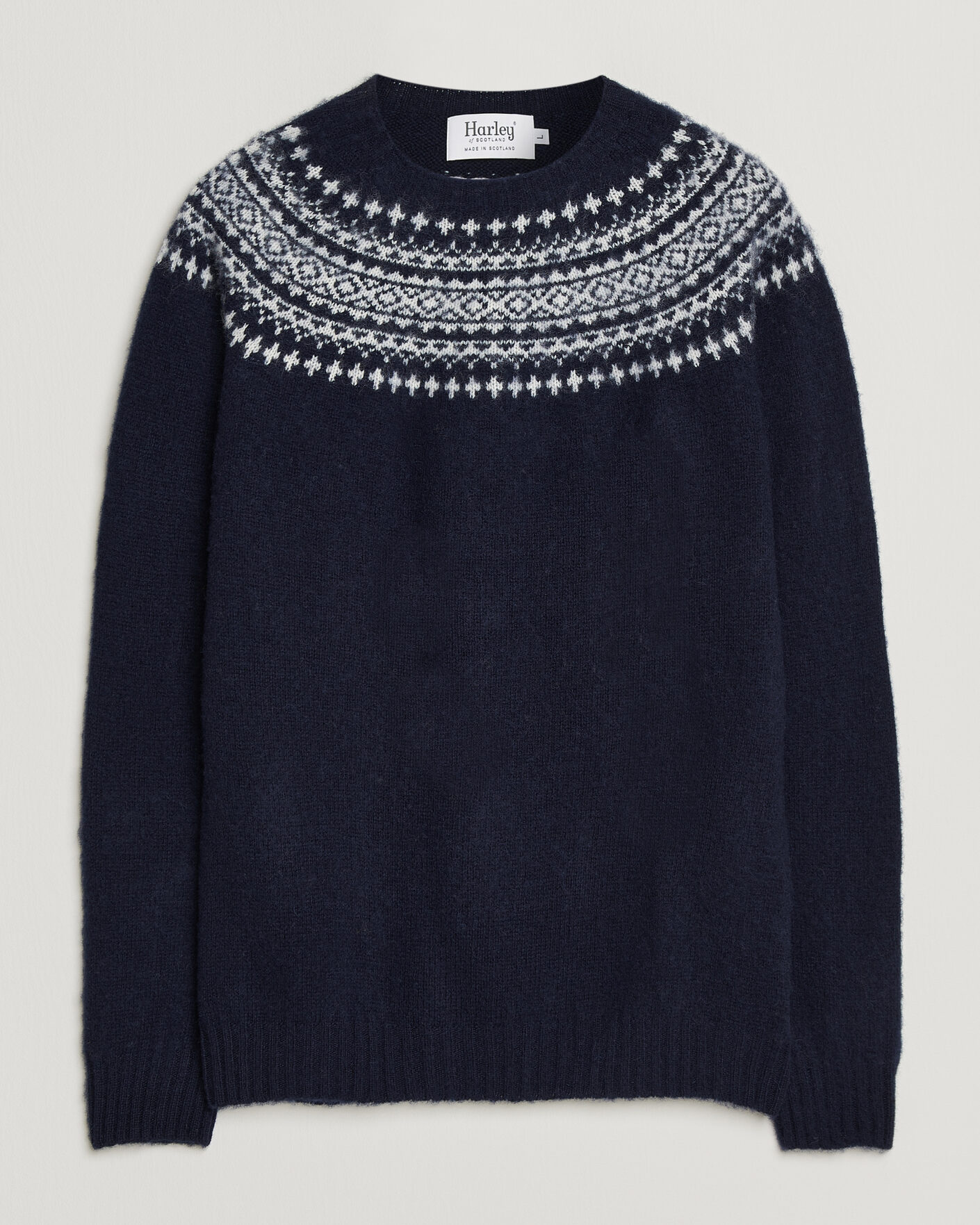 Herren | Pullover | Harley Of Scotland | Brushed Supersoft Lambswool Yolk Fairisle Navy/Snow White