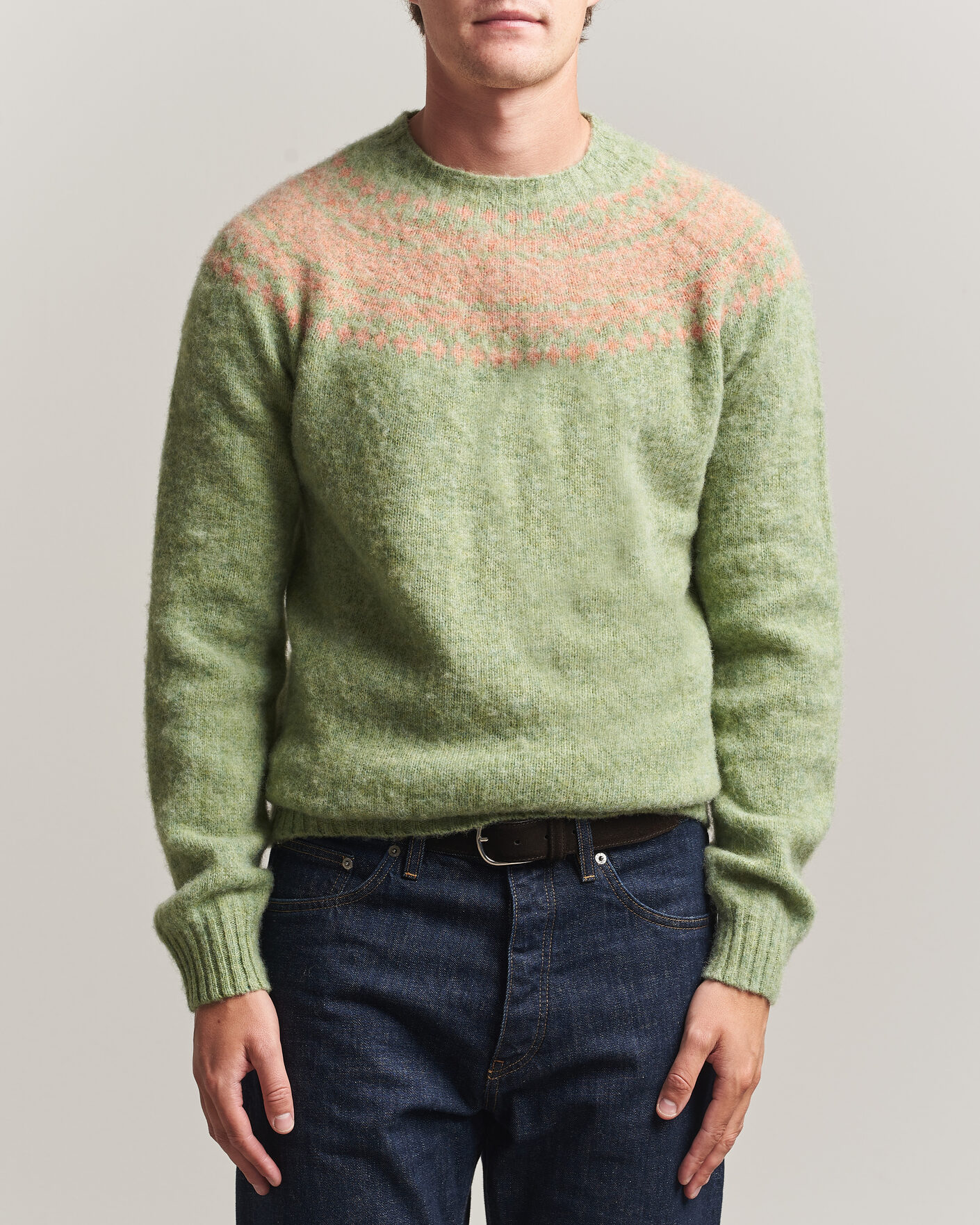 Herren | Pullover | Harley Of Scotland | Brushed Supersoft Lambswool Yolk Fairisle Sage/Parfait