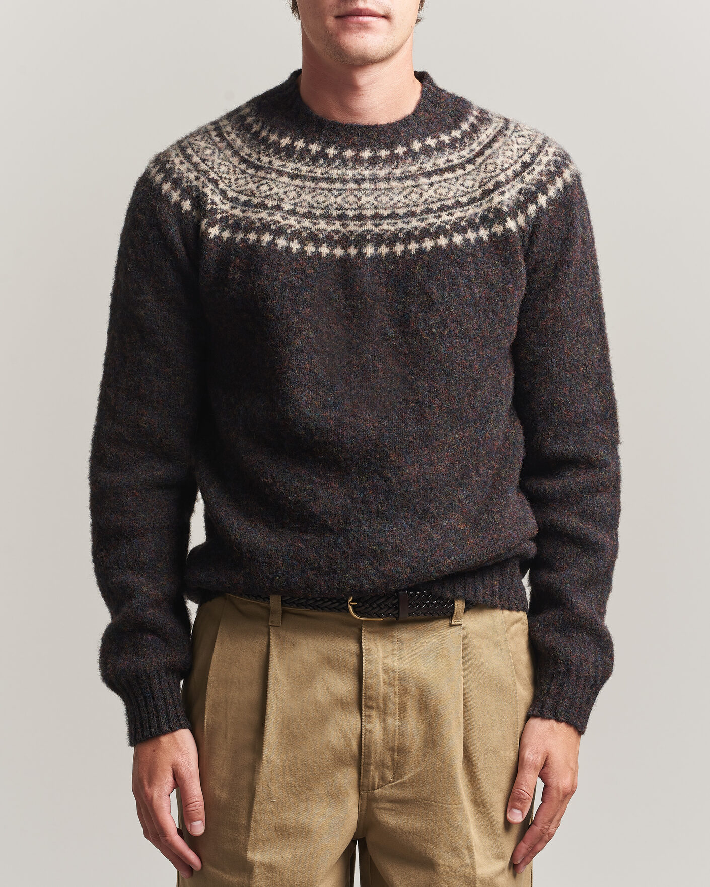 Herren | Pullover | Harley Of Scotland | Brushed Supersoft Lambswool Yolk Fairisle Volcano/Cameo