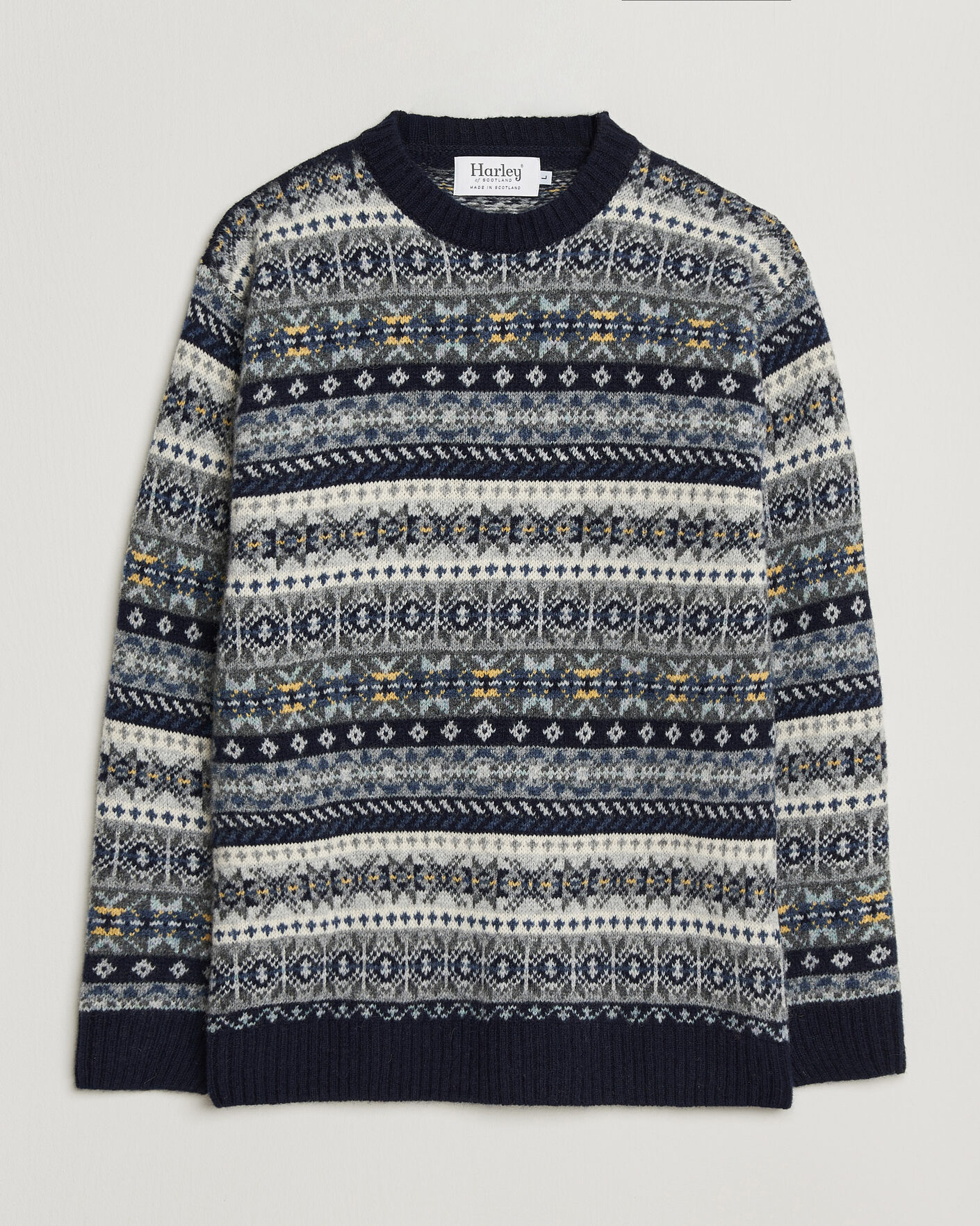 Herren | Pullover | Harley Of Scotland | Supersoft 2ply Lambswool Fairisle Crew Navy