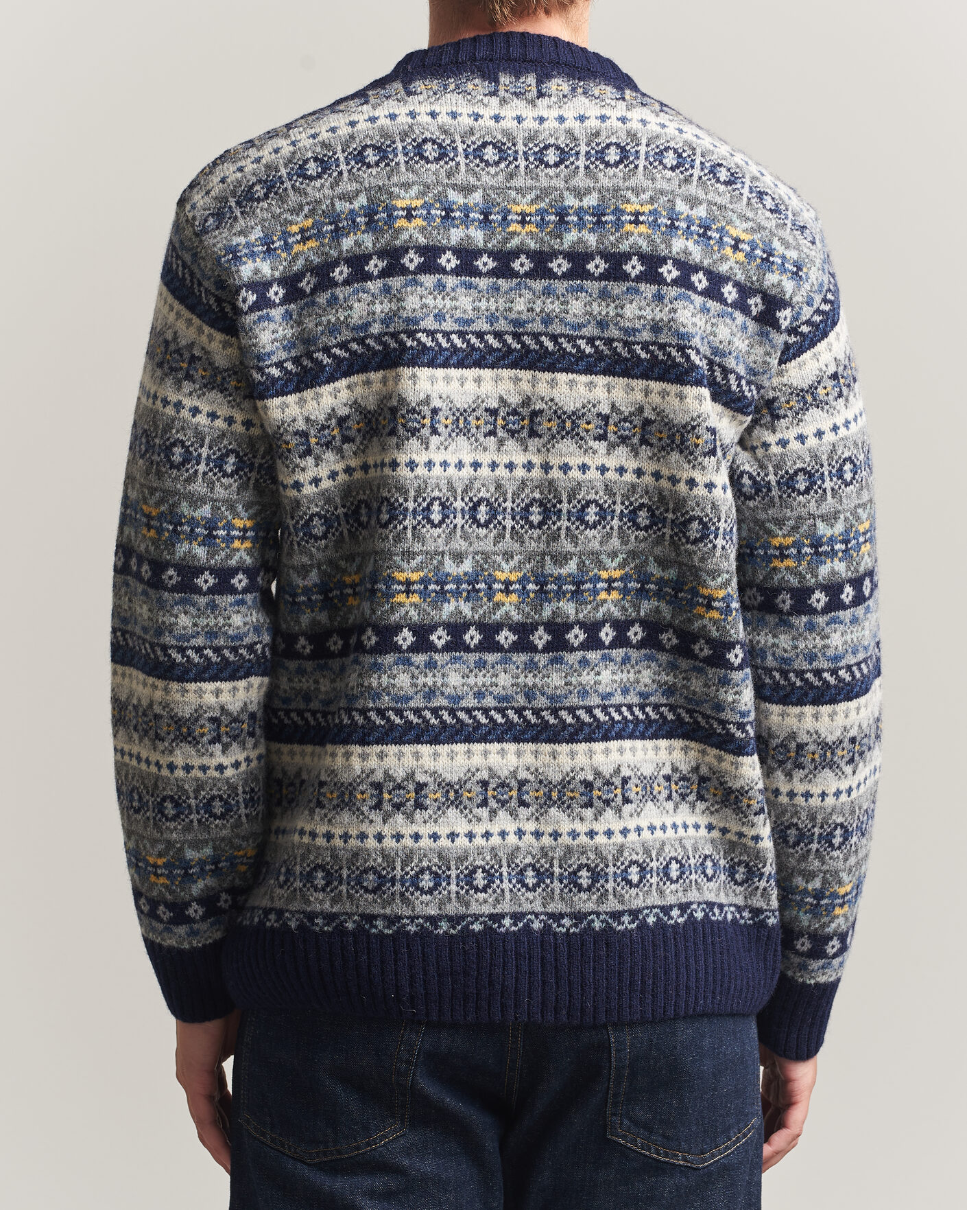Herren | Pullover | Harley Of Scotland | Supersoft 2ply Lambswool Fairisle Crew Navy