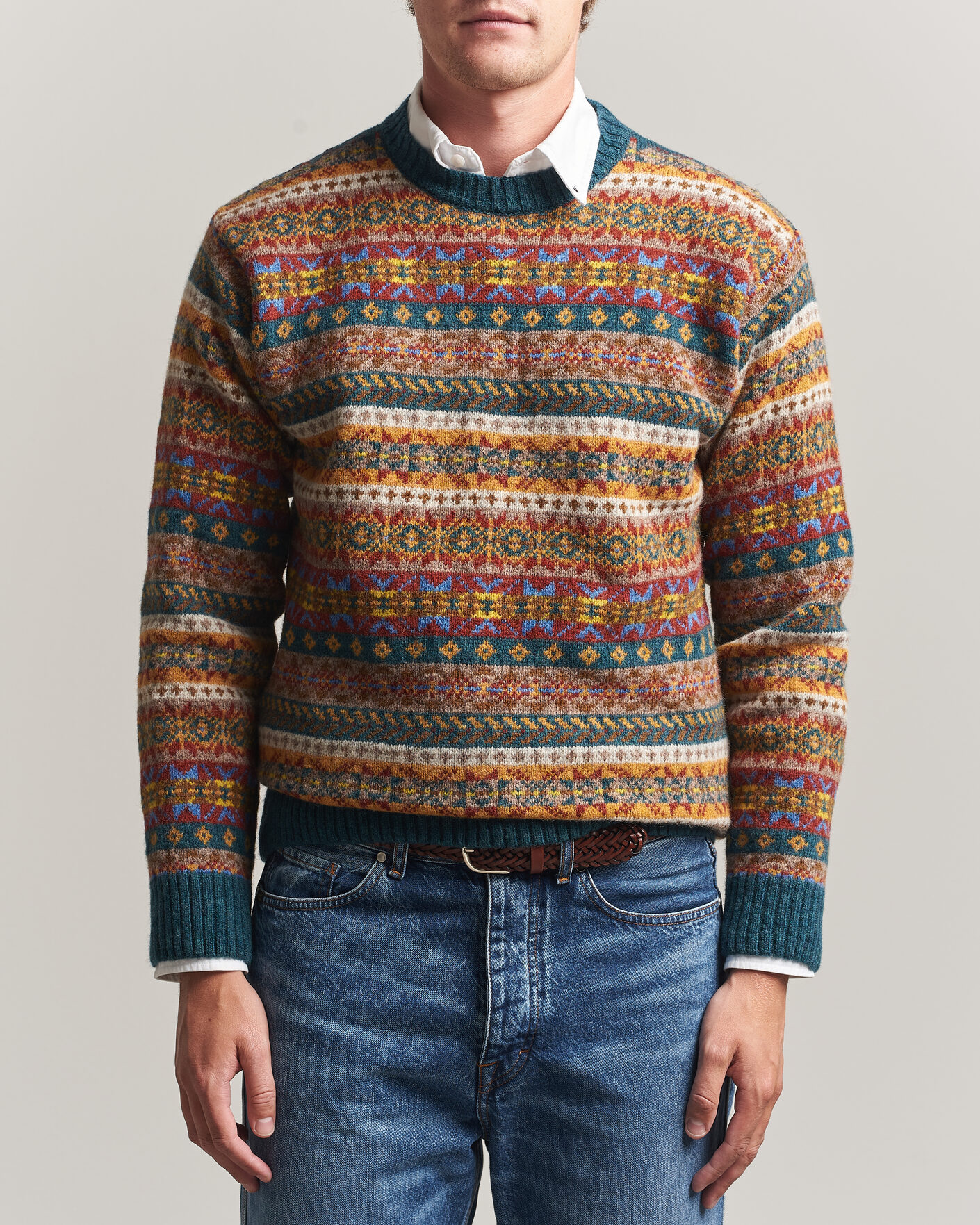 Herren | Pullover | Harley Of Scotland | Supersoft 2ply Lambswool Fairisle Crew Tempest