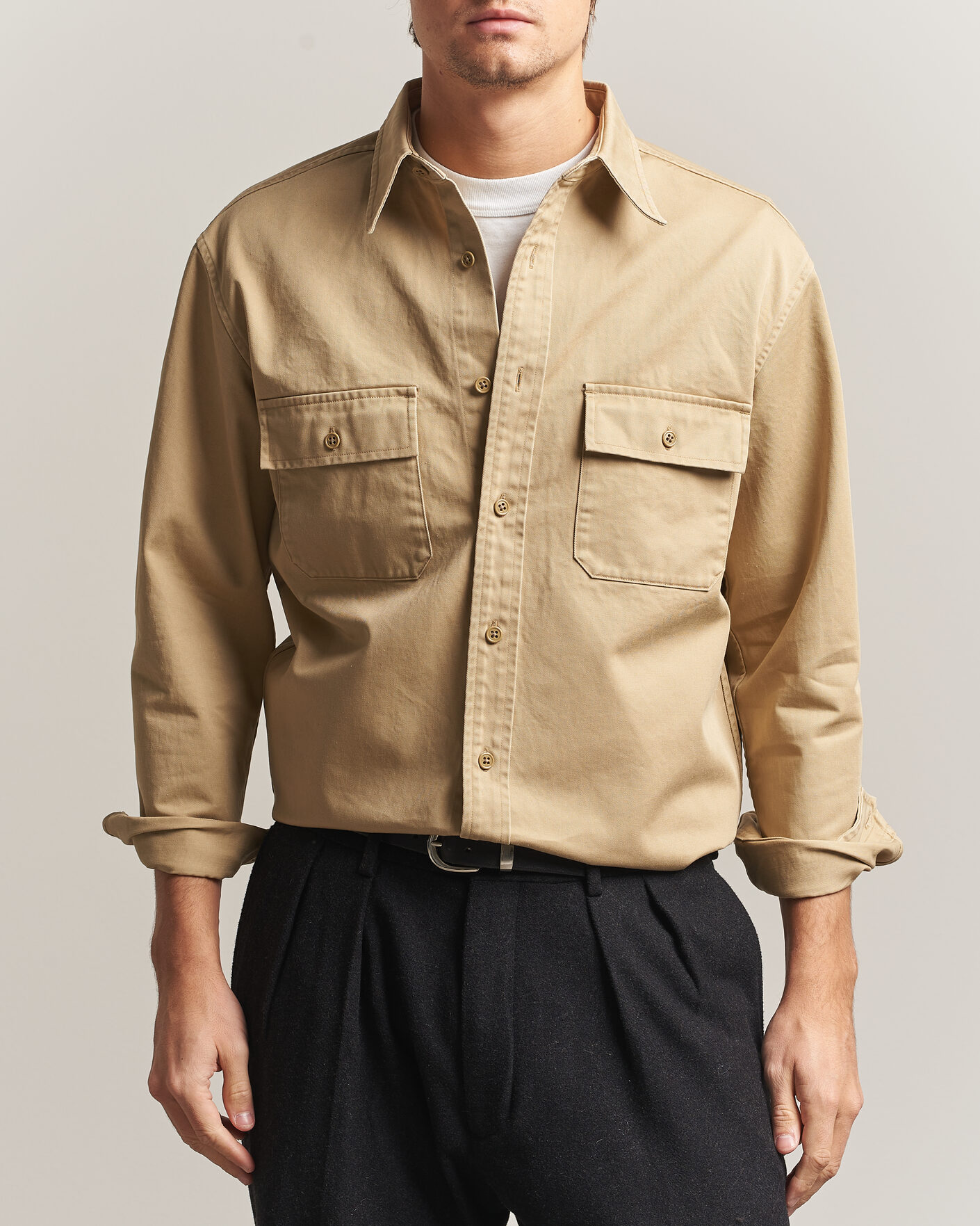 Herren | Hemden | Kamakura Shirts | Cotton Twill CPO Overshirt Beige