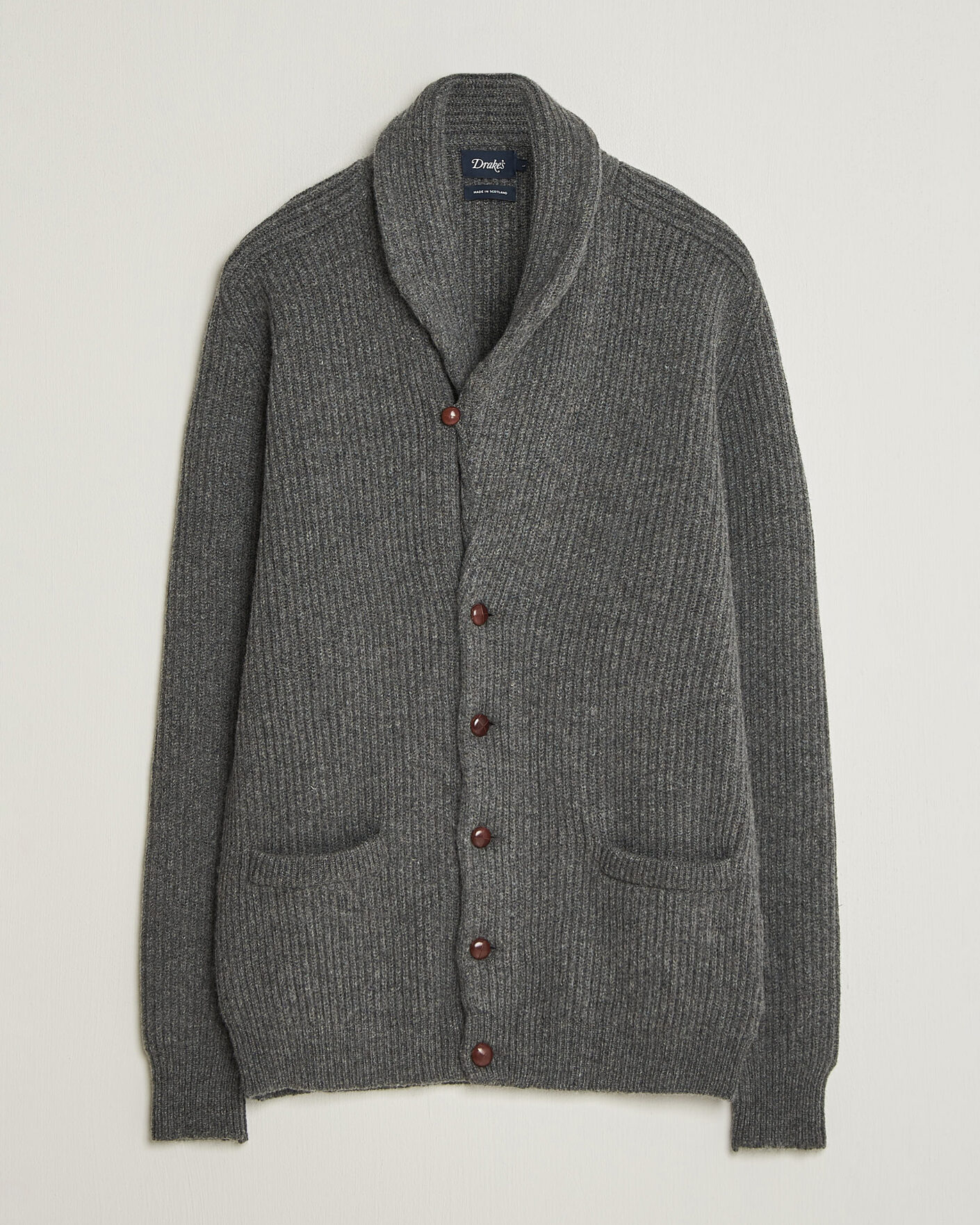 Herren | Pullover | Drake's | Lambswool Shawl Collar Rib Cardigan Grey