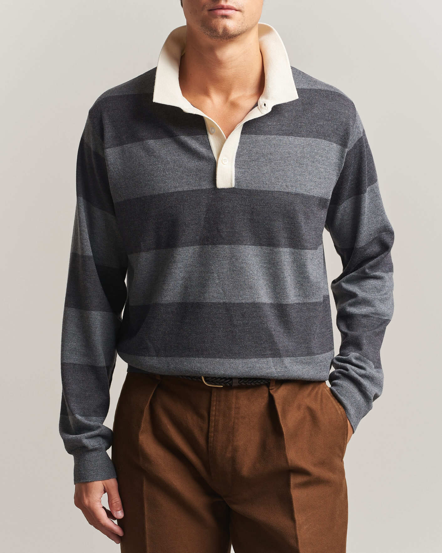 Herren | Pullover | Drake's | Block Stripe Knitted Rugby Mid Grey