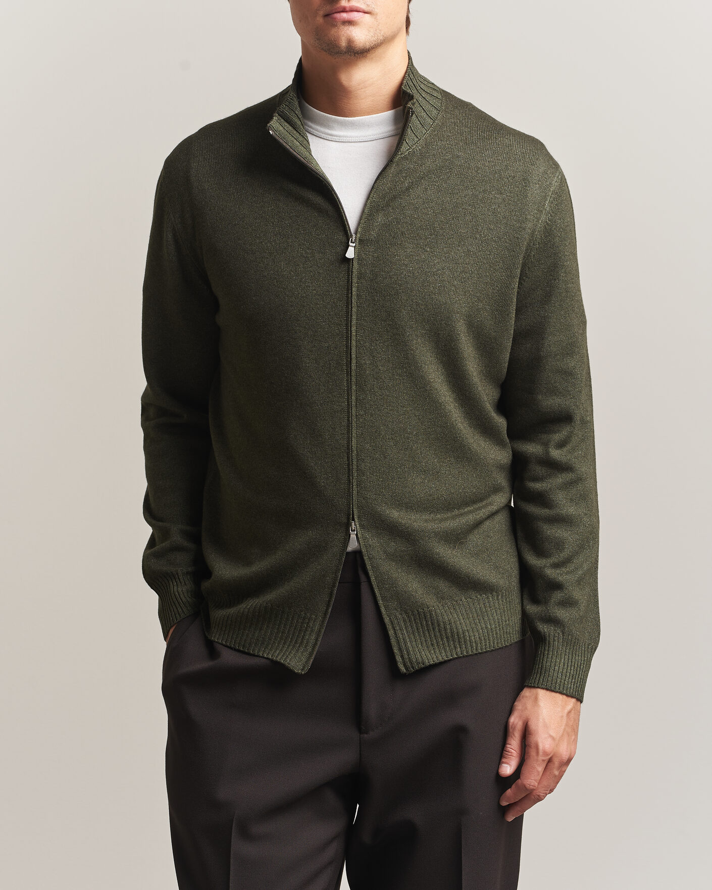Herren | Pullover | Gran Sasso | Wool/Cashmere Washed Full Zip Olive Melange