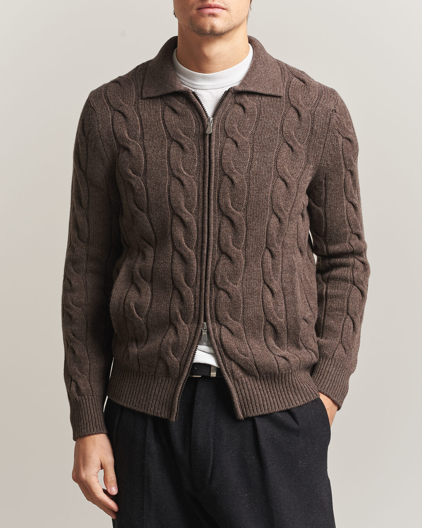 Herren | Pullover | Gran Sasso | Wool/Cashmere Cable Full Zip Dark Brown Melange