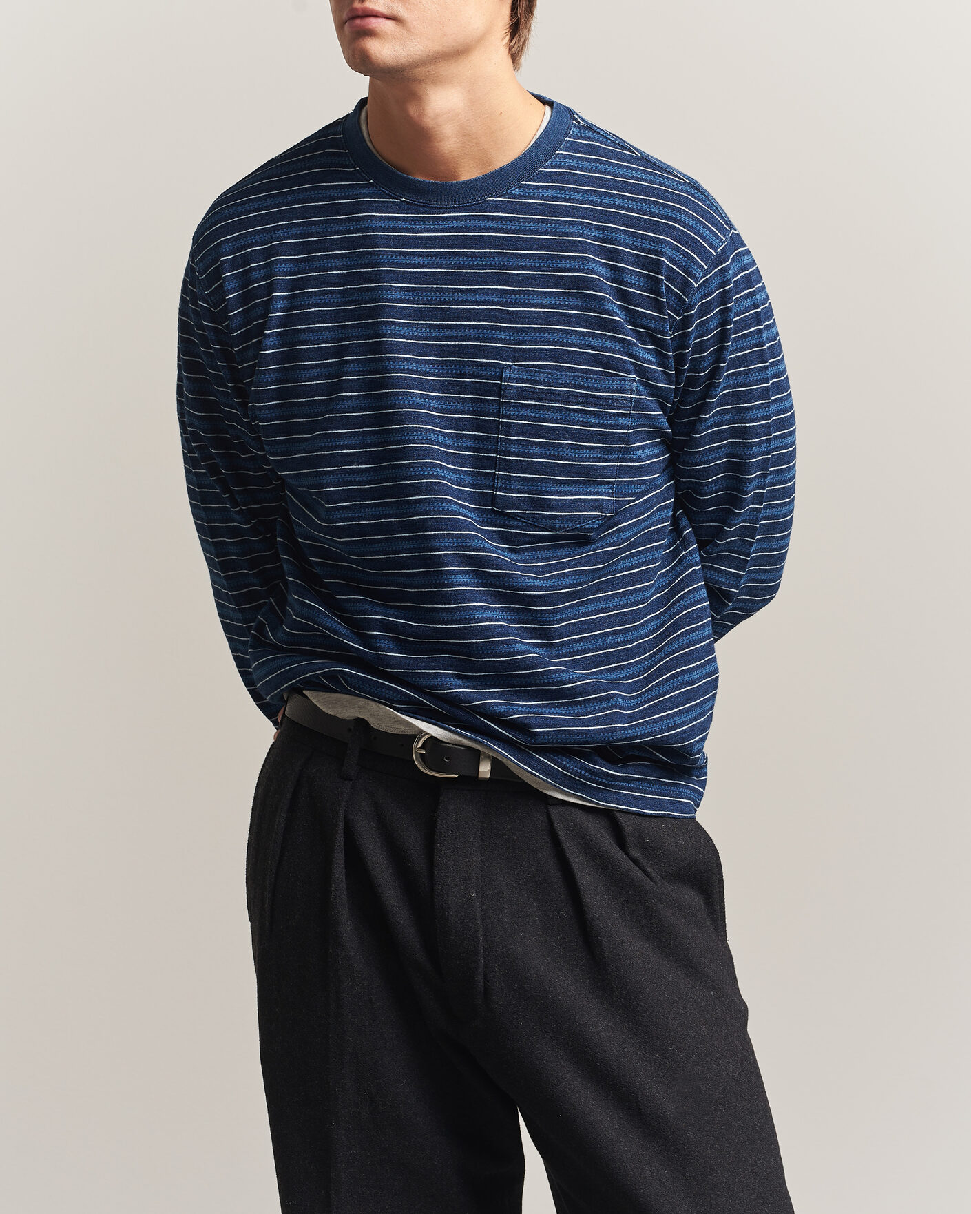 Herren | T-Shirts | BEAMS PLUS | Indigo Stripe LS T-Shirt Navy