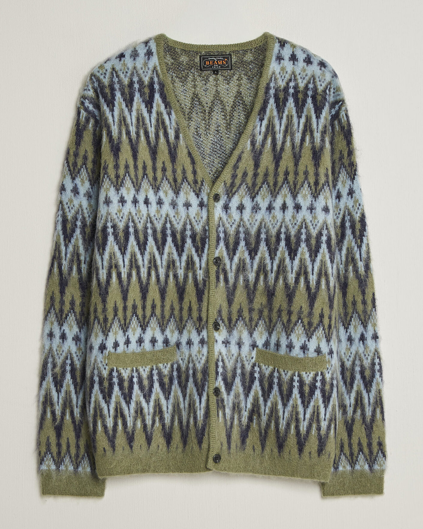 Herren | Pullover | BEAMS PLUS | Chevron Jacquard Cardigan Green/Grey