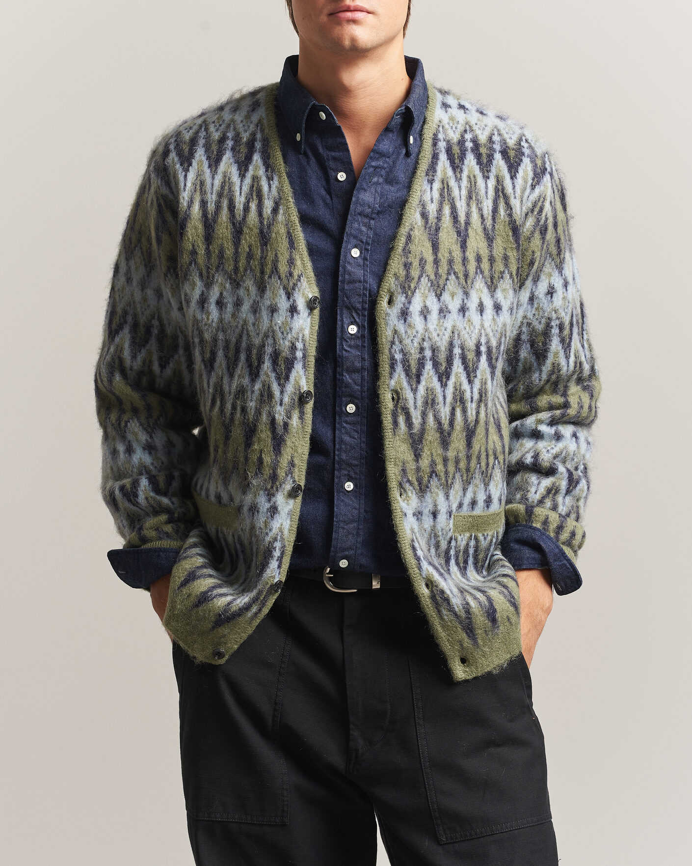 Herren | Pullover | BEAMS PLUS | Chevron Jacquard Cardigan Green/Grey