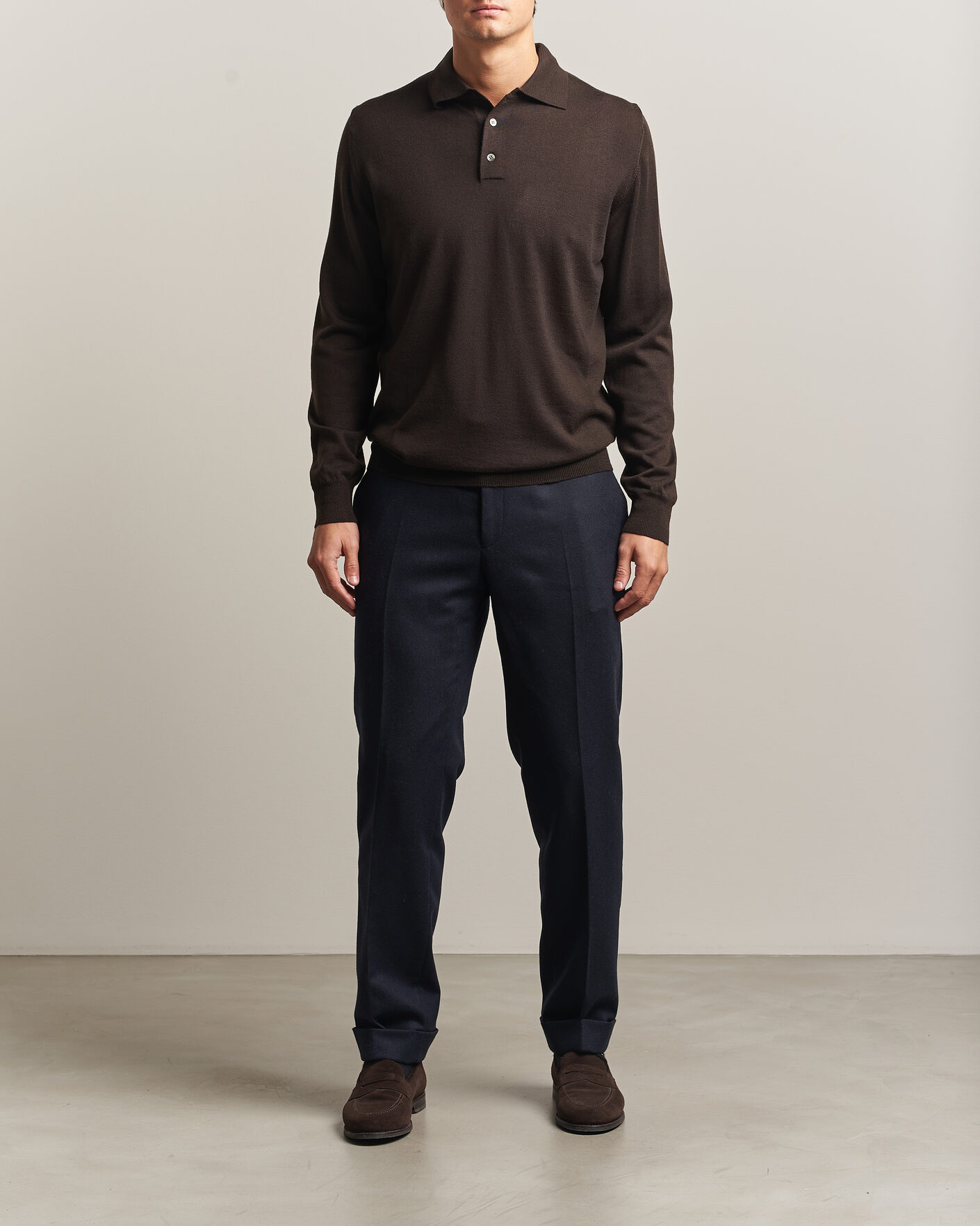 Herren | Pullover | Morgano | Extra Fine Merino Wool Polo Dark Brown