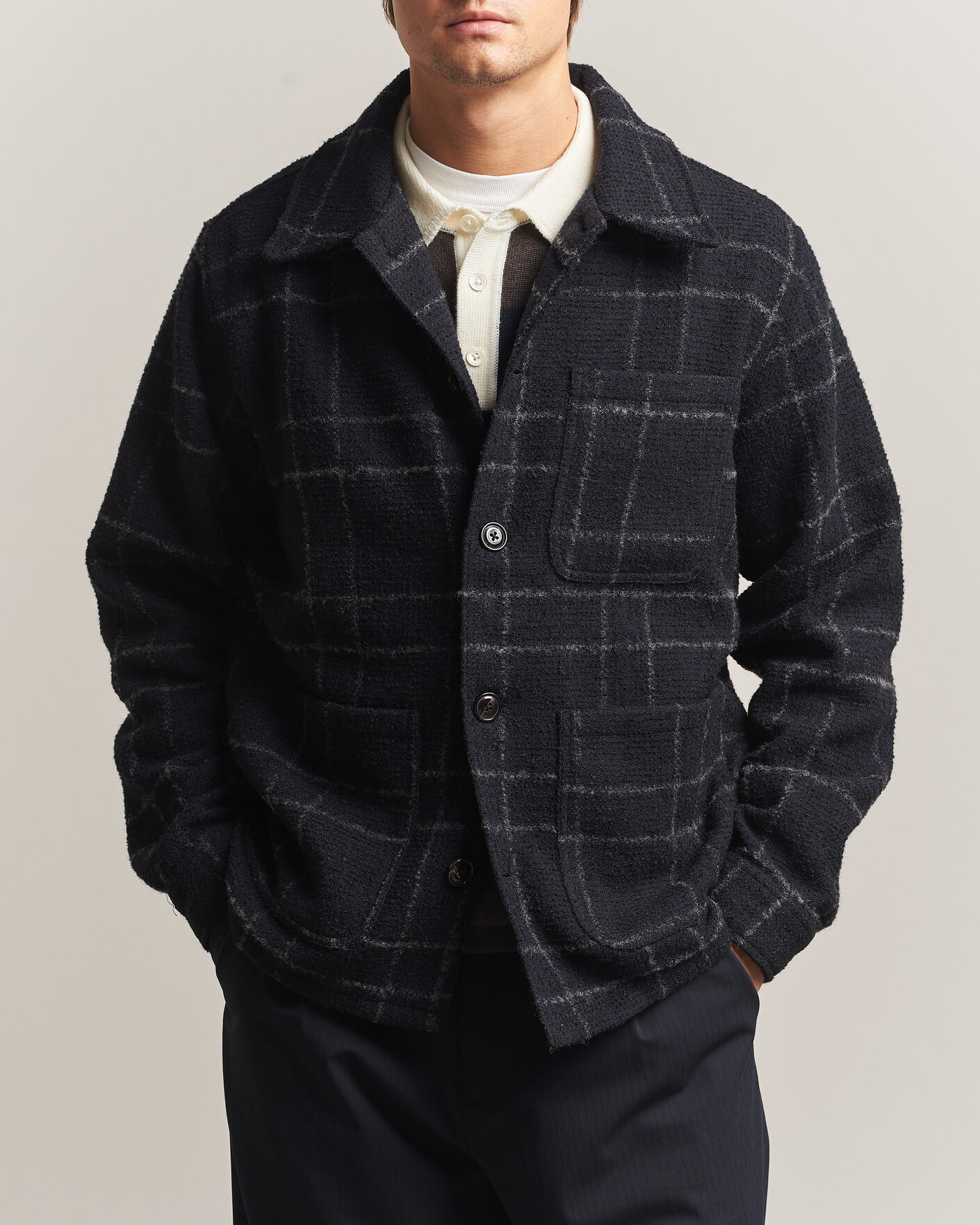 Herren | Hemden | A Day's March | Algot Wool Checked Overshirt Navy