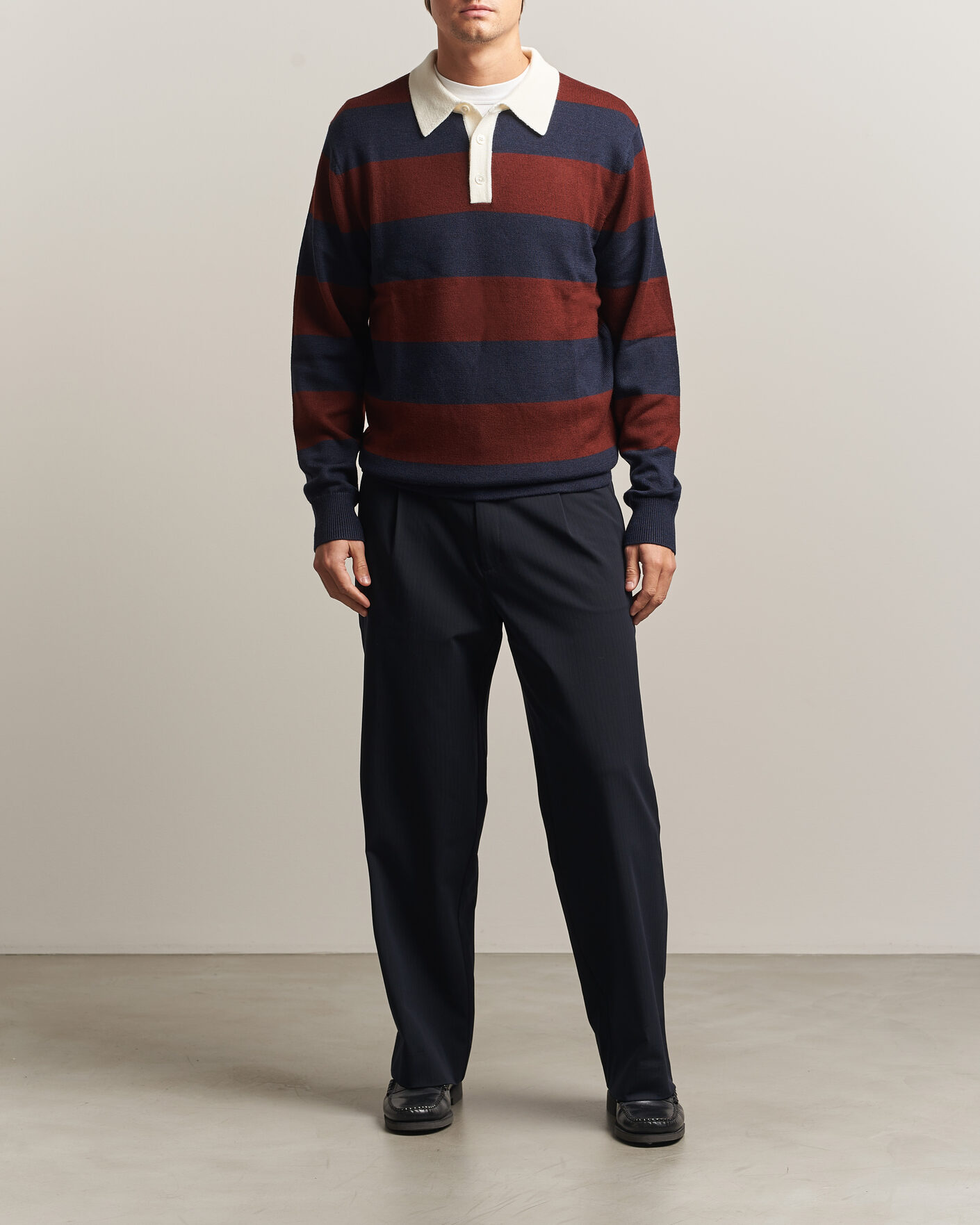 Herren | Pullover | A Day's March | Kenny Striped Merino Rugby Sweater Rust/Navy
