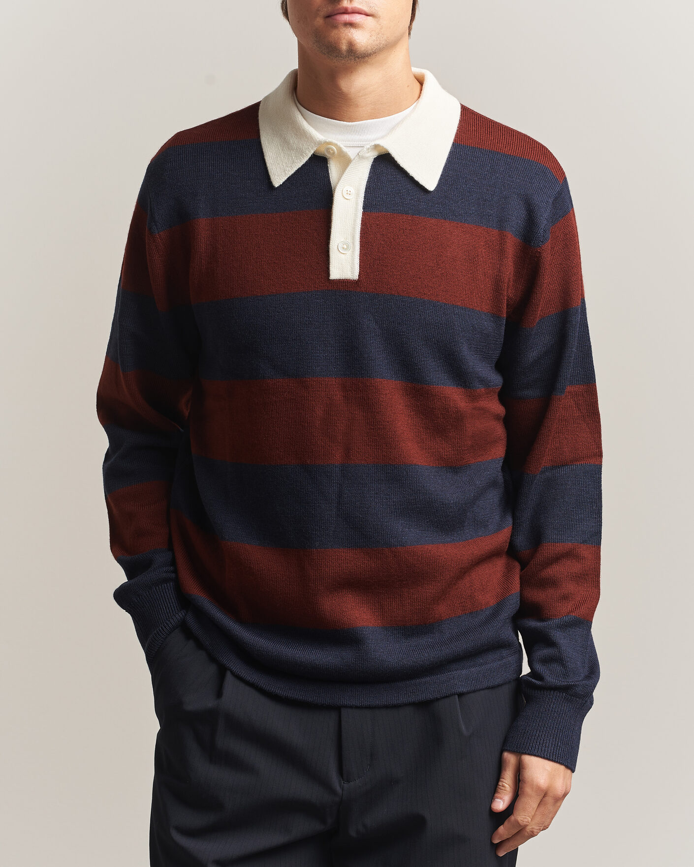 Herren | Pullover | A Day's March | Kenny Striped Merino Rugby Sweater Rust/Navy