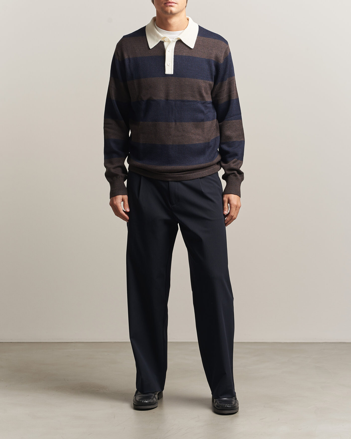 Herren | Pullover | A Day's March | Kenny Striped Merino Rugby Sweater Brown/Navy
