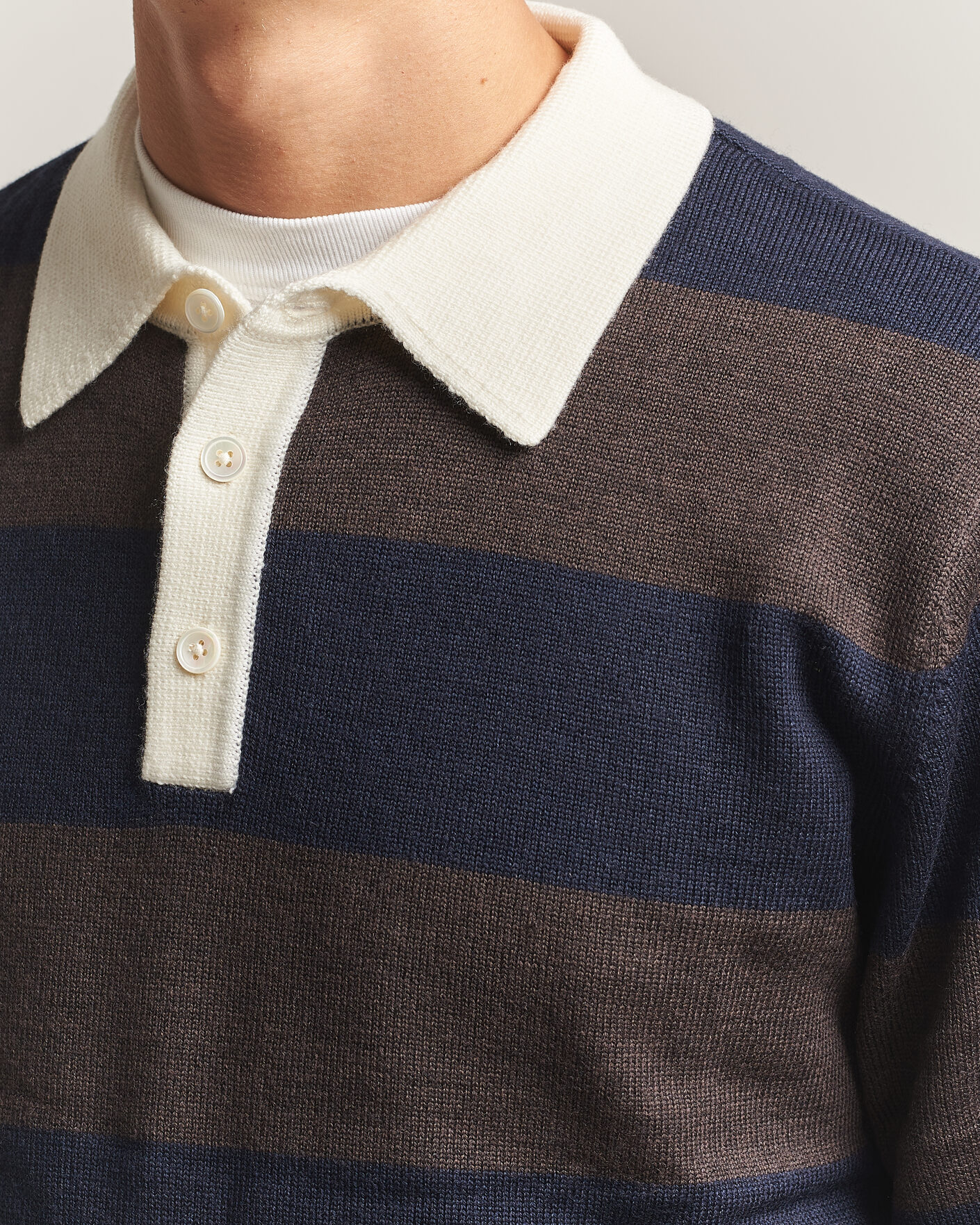 Herren | Pullover | A Day's March | Kenny Striped Merino Rugby Sweater Brown/Navy