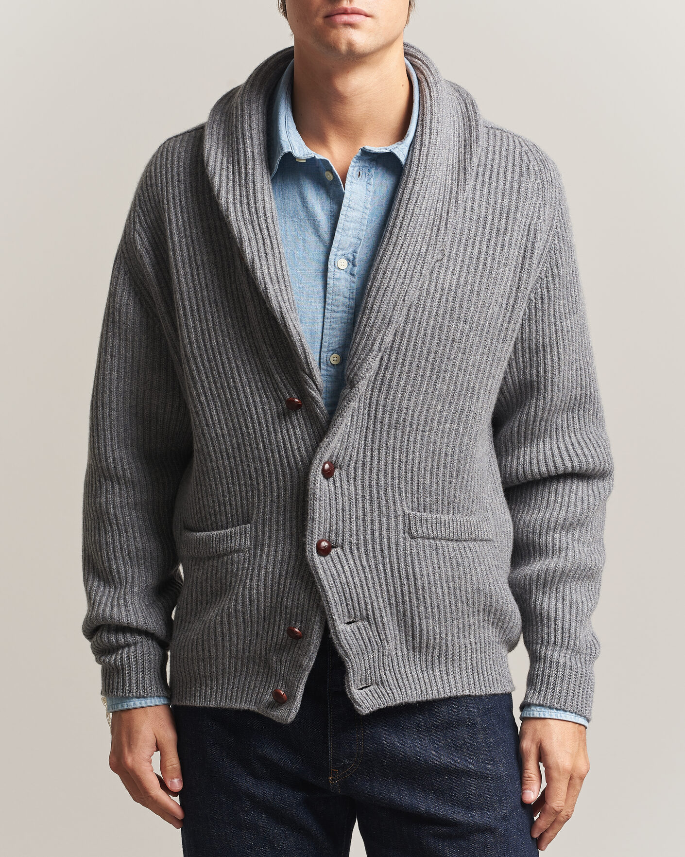 Herren | Pullover | William Lockie | Windsor Cashmere Shawl Cardigan Flannel Grey