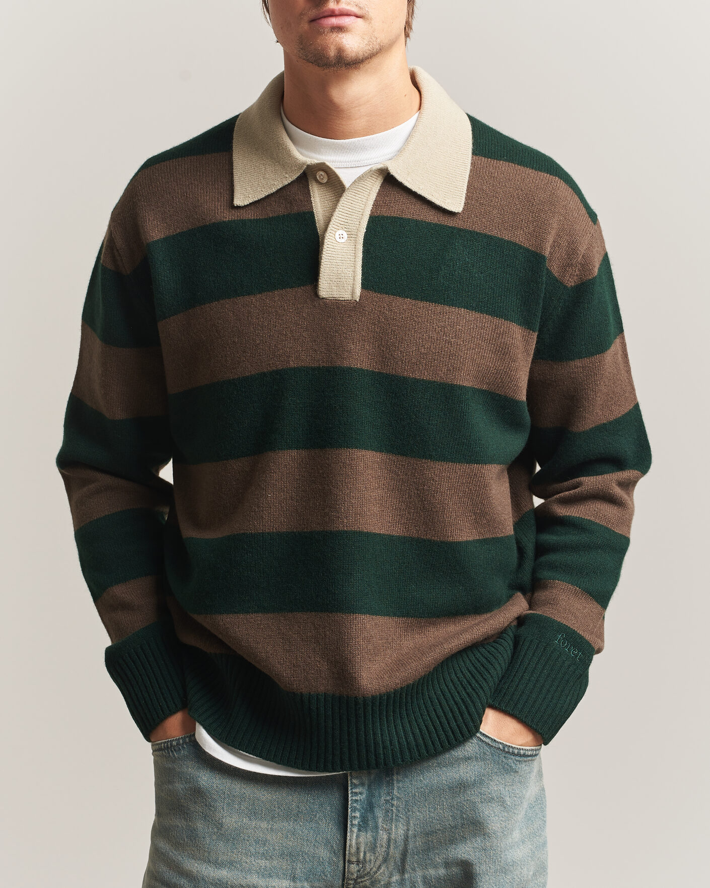 Herren | Pullover | Forét | Frost Stripe Knit Polo Deep Green