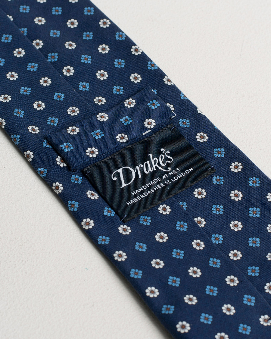 Herren | Drake's Silk Printed Flower 8 cm Tie Navy | Pre-owned | Drake's Silk Printed Flower 8 cm Tie Navy