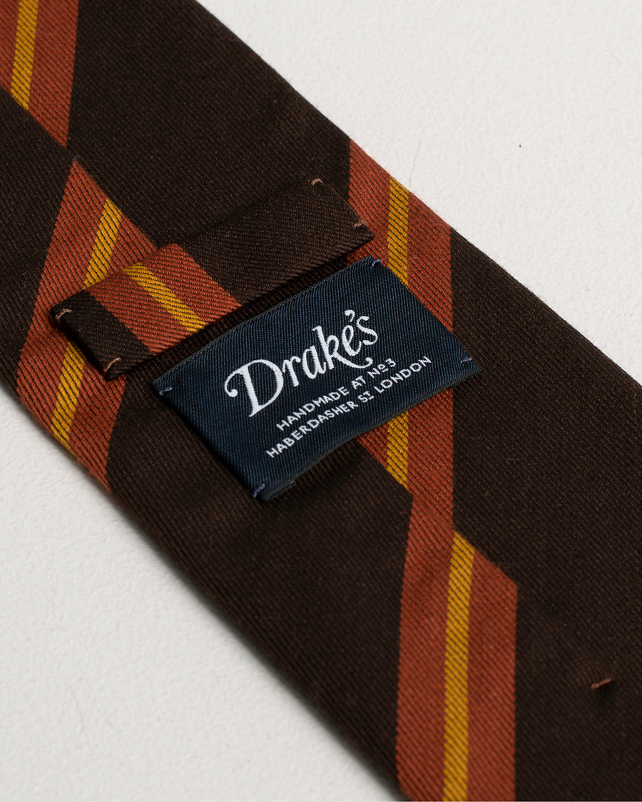 Herren | Drake's Wool/Cotton Stripe 8 cm Tie Brown | Pre-owned | Drake's Wool/Cotton Stripe 8 cm Tie Brown