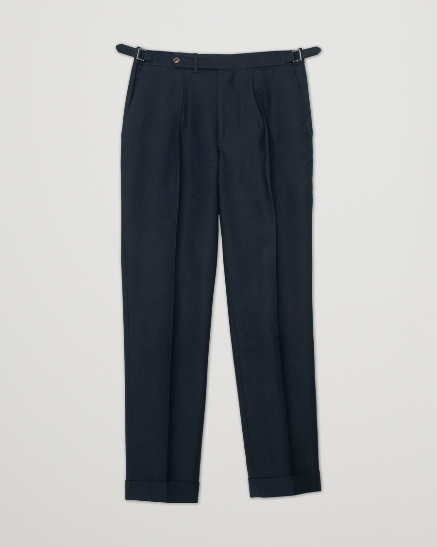 Herren | Berg&Berg Arnold Pleated Side Adjuster Wool Trousers Navy 48 | Pre-owned | Berg&Berg Arnold Pleated Side Adjuster Wool Trousers Navy 48